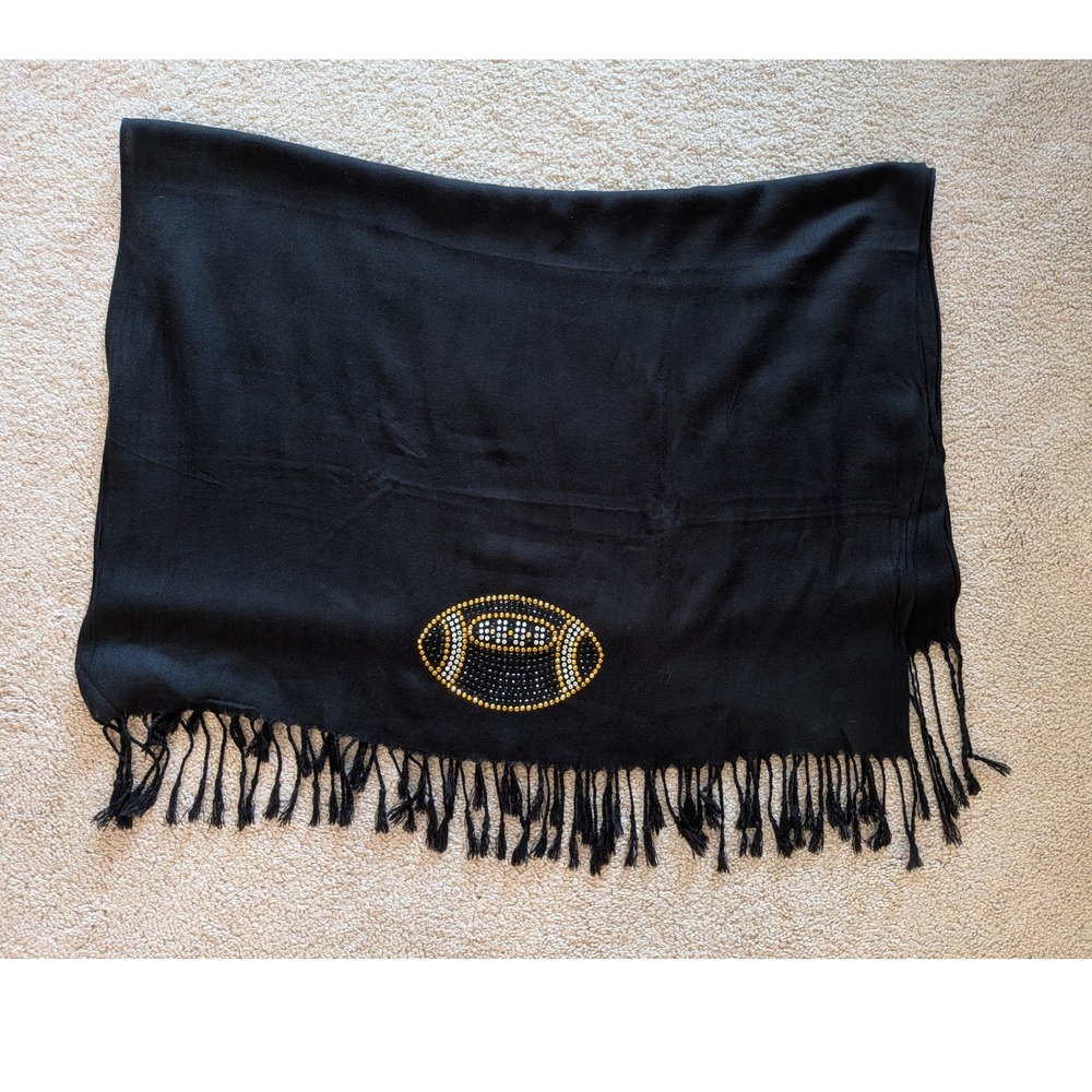 Black Rhinestone Football Pashmina Scarf Fringe Wrap Game Day